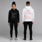 Brav war ich letztes Jahr. Hat nix gebracht – Hoodie unisex mit Frontprint (Frau, Schwarz) und Backprint (Mann, Weiß)