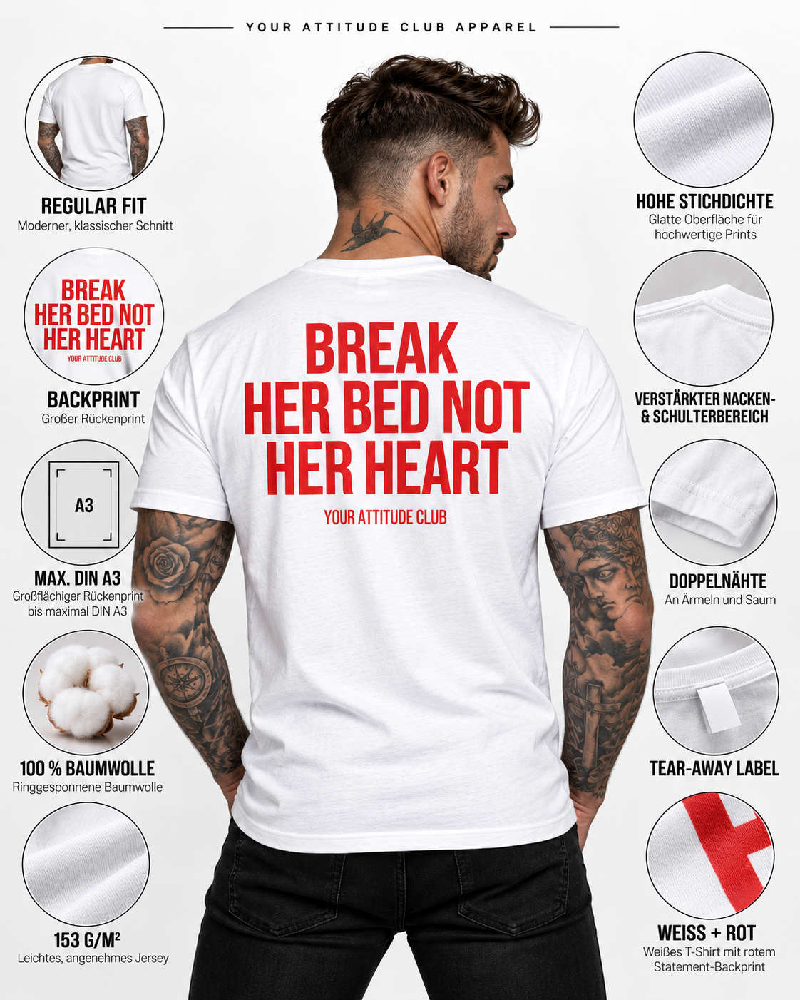 BREAK HER BED NOT HER HEART – Unisex Statement T-Shirt Weiß mit rotem Backprint | freches Sprüche Shirt für Erwachsene