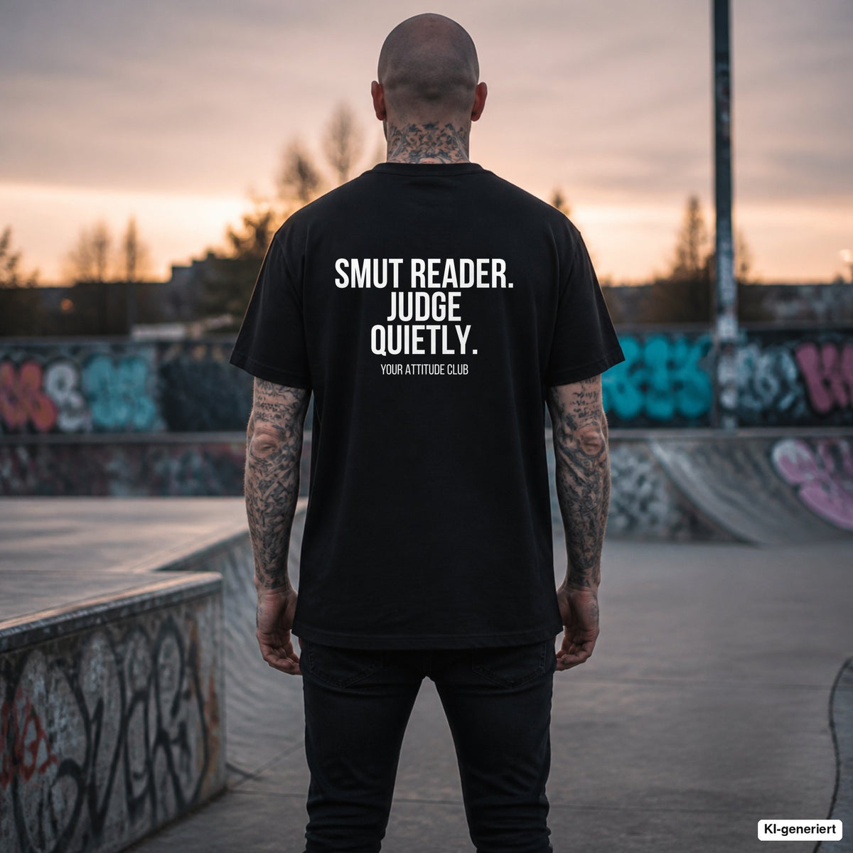 SMUT READER. JUDGE QUIETLY. – schwarzes Oversize T-Shirt mit weißem Backprint, Herren im Skatepark