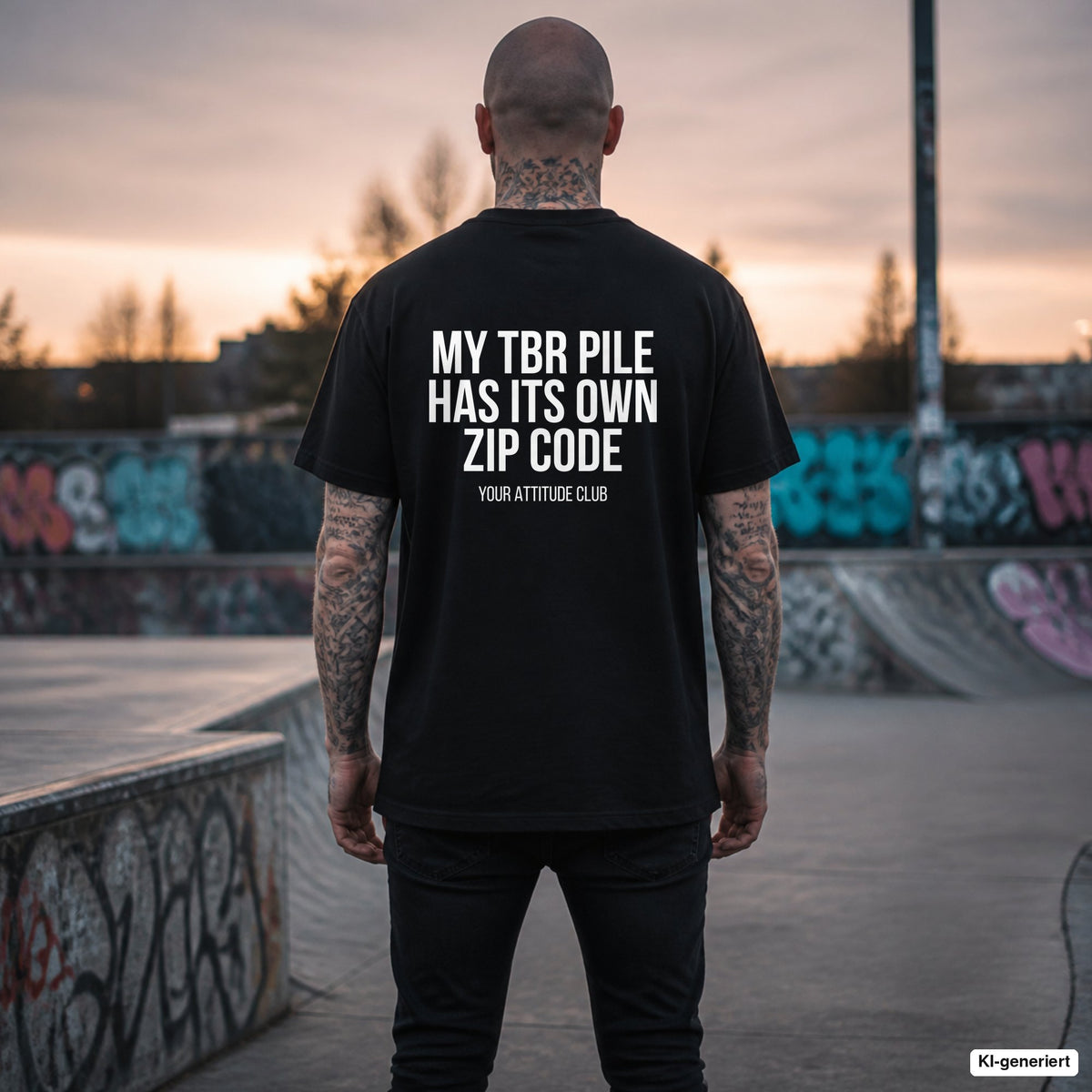 MY TBR PILE HAS ITS OWN ZIP CODE – schwarzes Oversize T-Shirt mit weißem Backprint, Herren im Skatepark