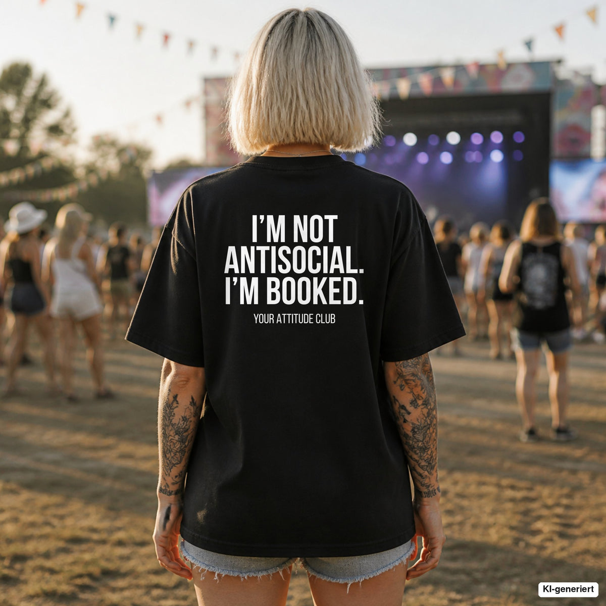 I’M NOT ANTISOCIAL. I’M BOOKED. – schwarzes Oversize Shirt mit weißem Backprint auf dem Festival