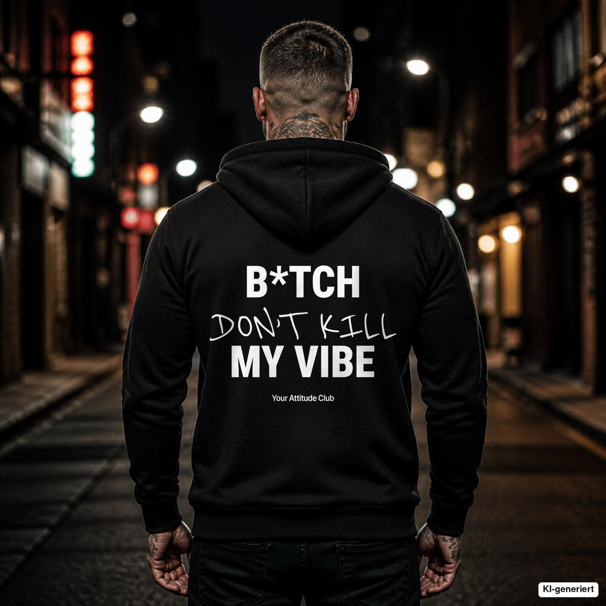 B*tch Don’t Kill My Vibe – schwarzer Hoodie mit weißem Backprint, Herren in der Stadt bei Nacht