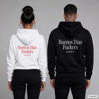 Buenos Dias Fuckers – Hoodie mit Backprint, Frau in Weiß mit rotem und Mann in Schwarz mit weißem Aufdruck