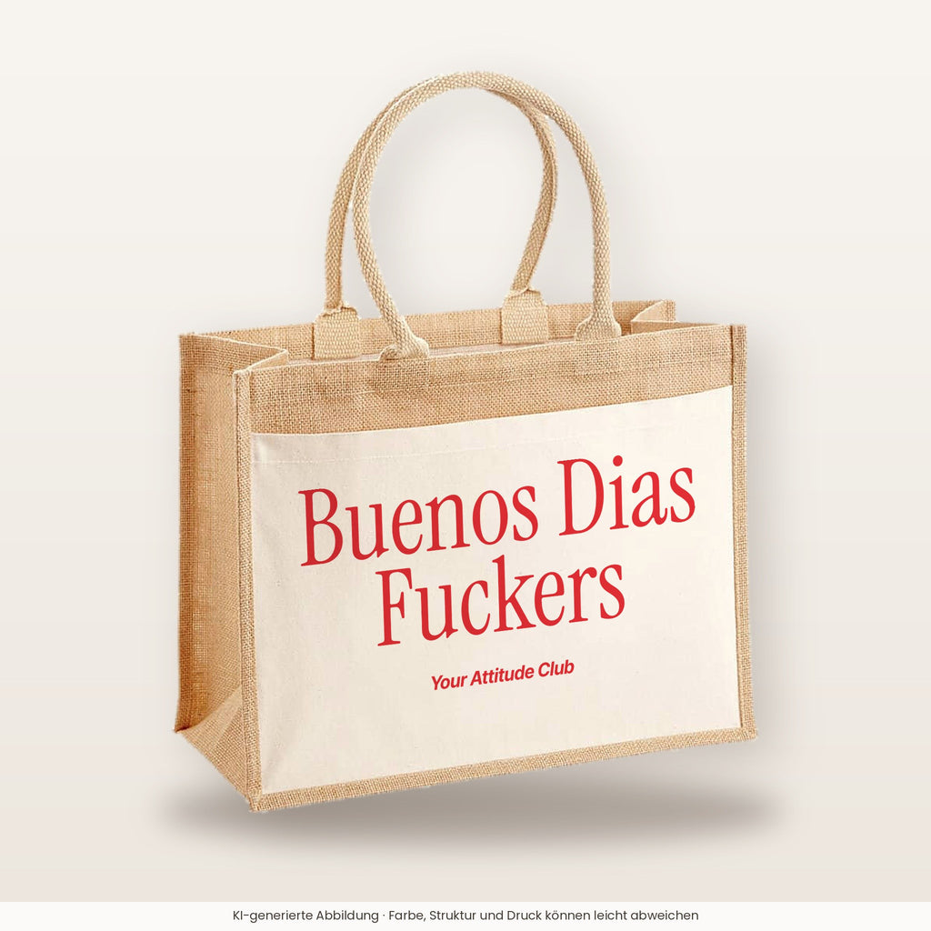 Buenos Dias Fuckers – Jutetasche mit Spruch, große Jutetasche, Produktansicht