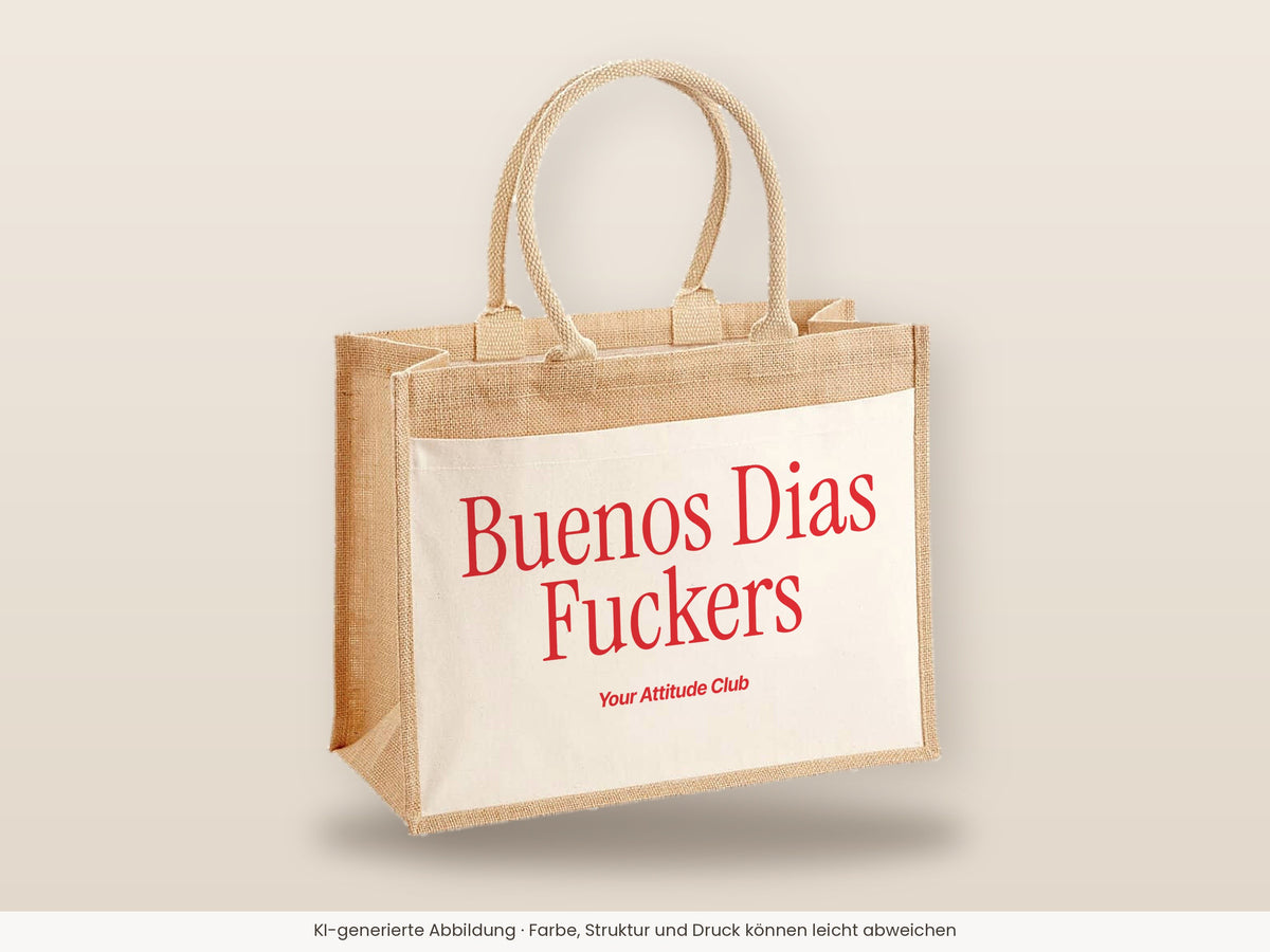 Buenos Dias Fuckers – Jutetasche mit Spruch, große Jutetasche, Detailansicht