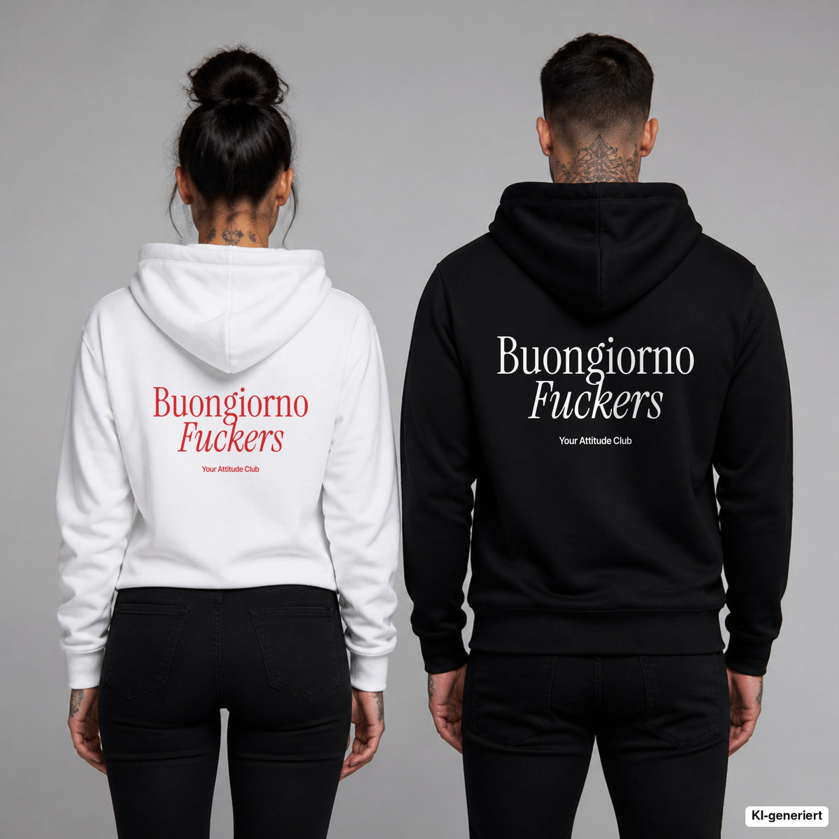 Buongiorno Fuckers – Hoodie mit Backprint, Frau in Weiß mit rotem und Mann in Schwarz mit weißem Aufdruck
