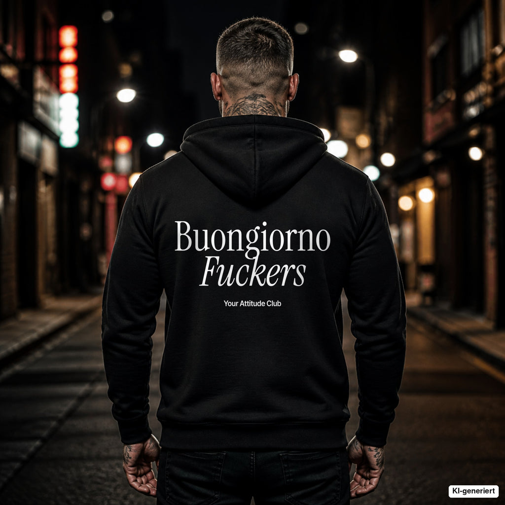 Buongiorno Fuckers – schwarzer Hoodie mit weißem Backprint, Herren in der Stadt bei Nacht