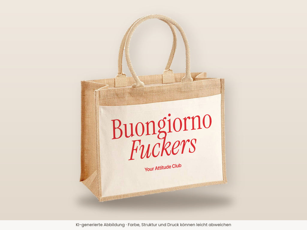 Buongiorno Fuckers – Jutetasche mit Spruch, große Jutetasche, Detailansicht