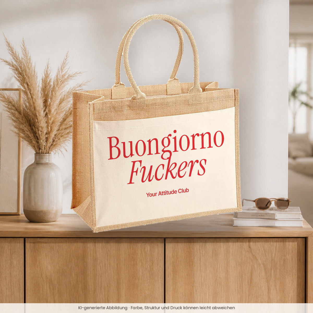 Buongiorno Fuckers – Jutetasche mit Spruch, auf dem Sideboard im Flur