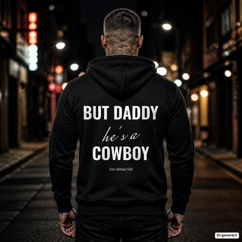 But Daddy he's a cowboy – schwarzer Hoodie mit weißem Backprint, Herren in der Stadt bei Nacht