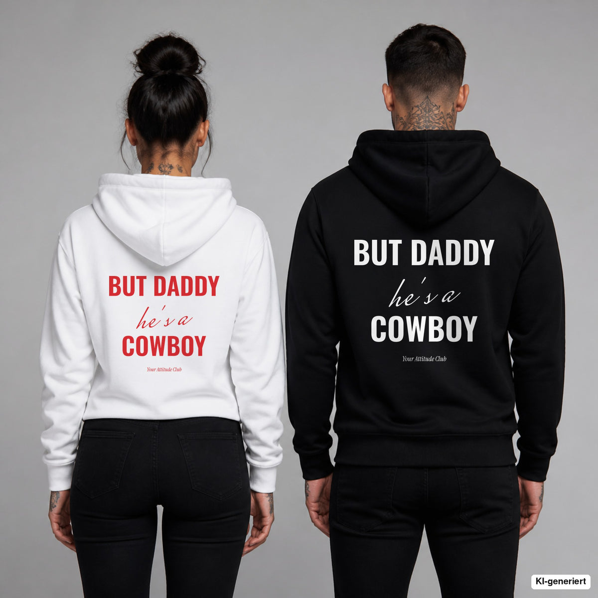 But Daddy he's a cowboy – Hoodie mit Backprint, Frau in Weiß mit rotem und Mann in Schwarz mit weißem Aufdruck