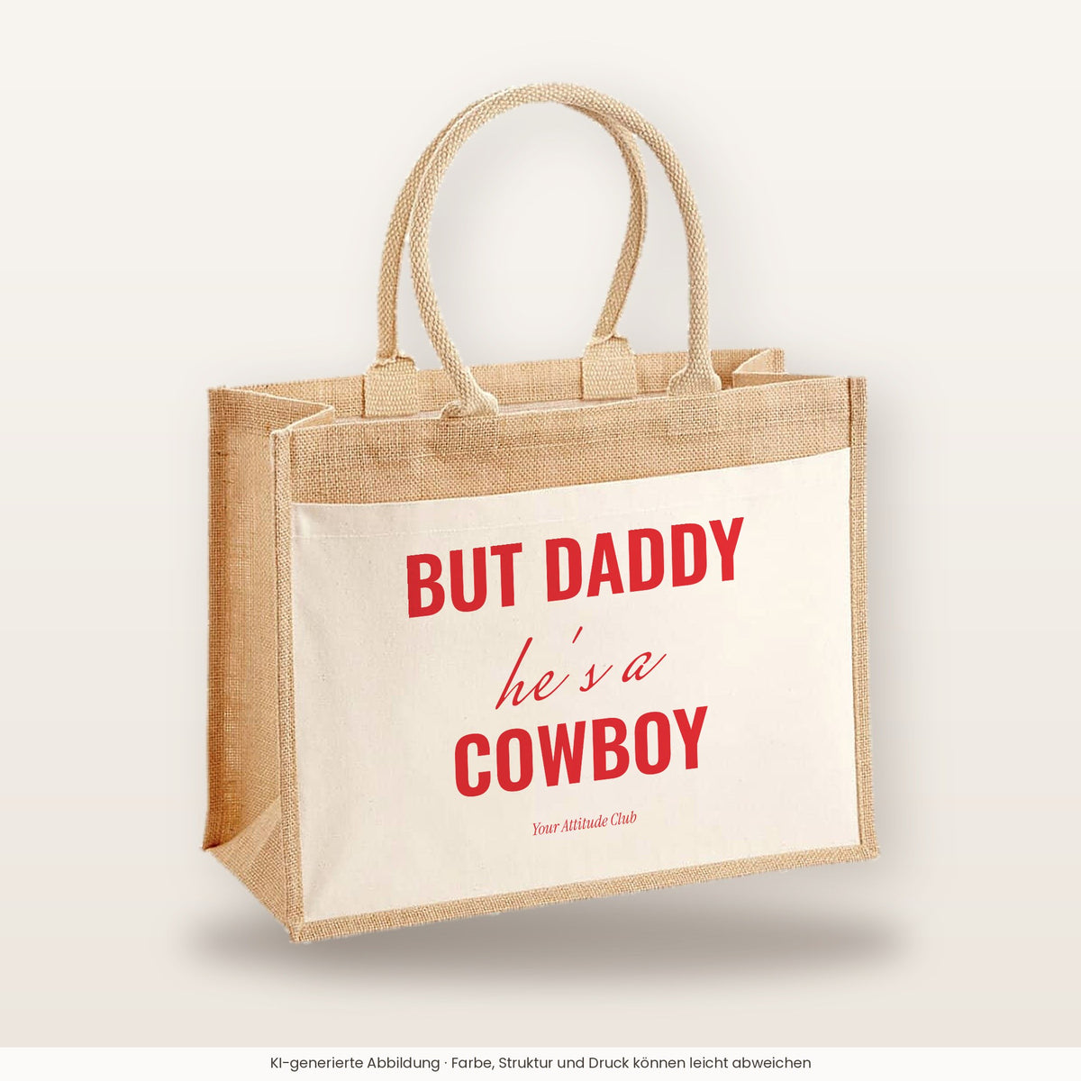 But Daddy he's a cowboy – Jutetasche mit Spruch, große Jutetasche, Produktansicht