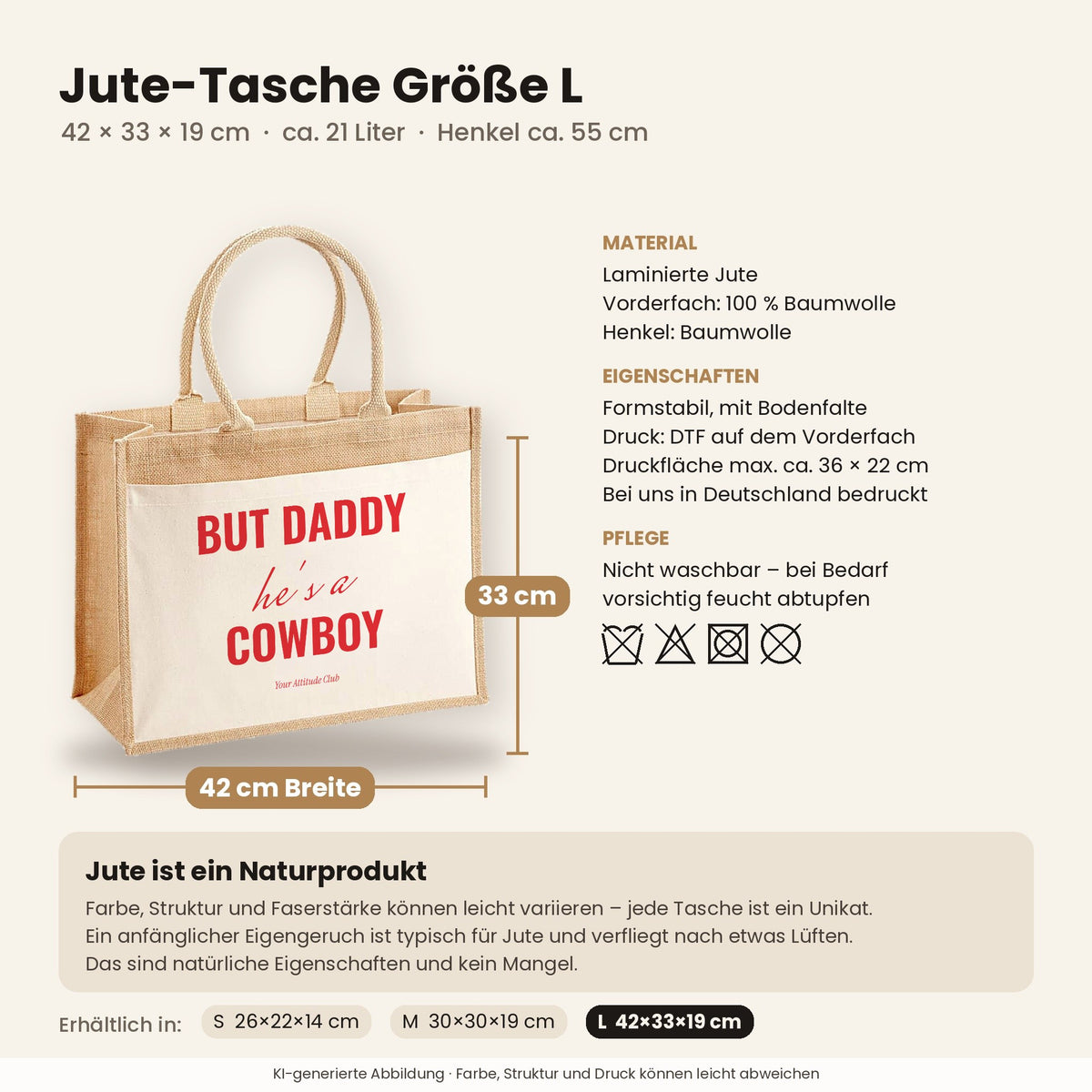 But Daddy he's a cowboy – Jutetasche mit Spruch, Maße, Material und Pflege