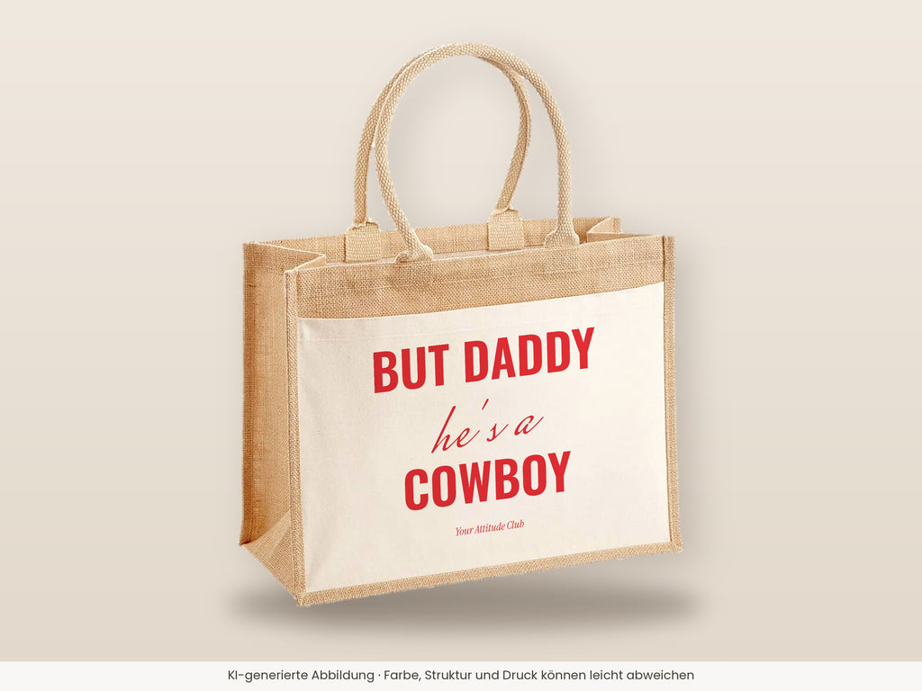 But Daddy he's a cowboy – Jutetasche mit Spruch, große Jutetasche, Detailansicht