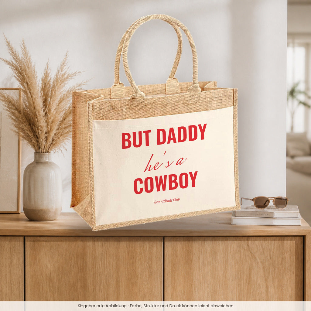 But Daddy he's a cowboy – Jutetasche mit Spruch, auf dem Sideboard im Flur