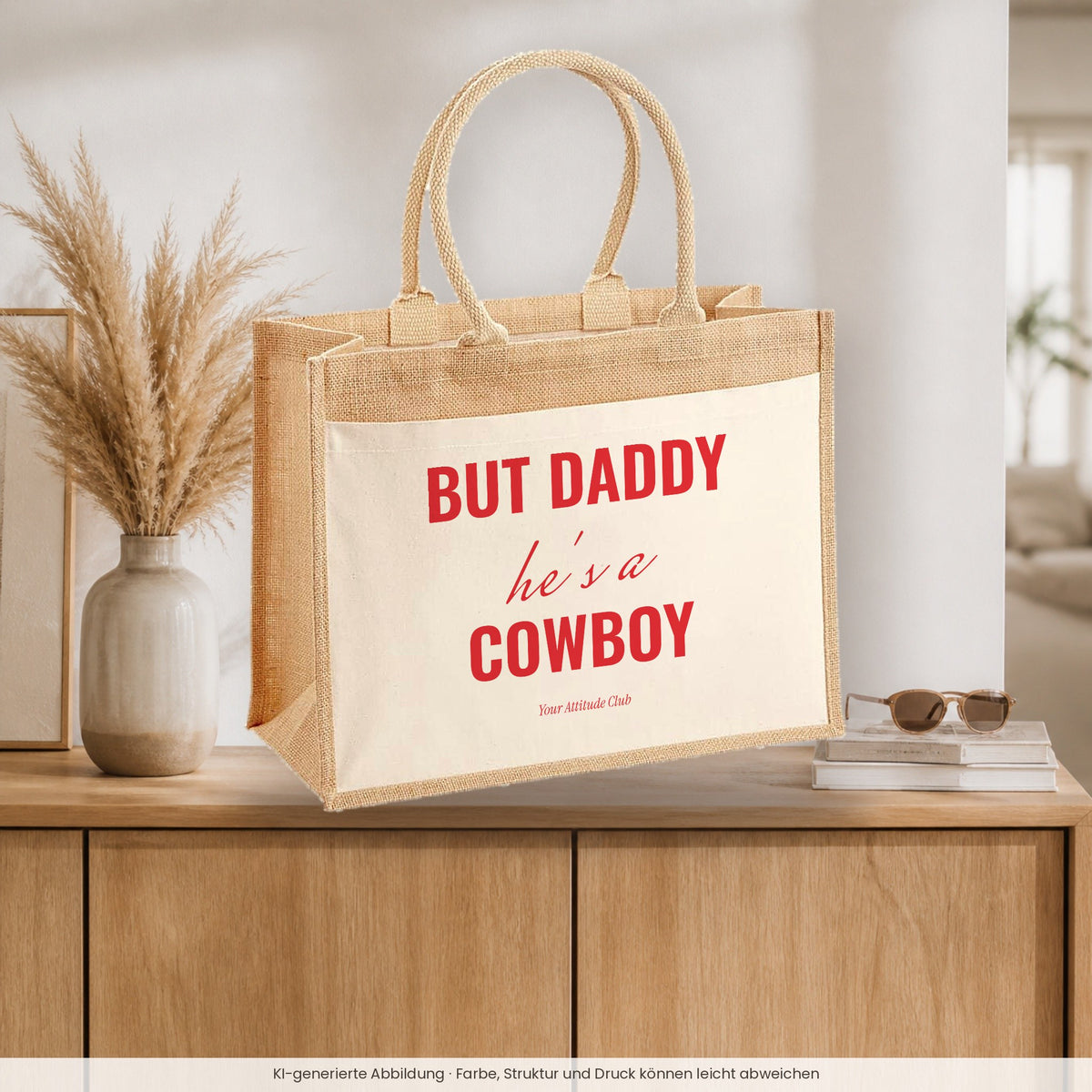 But Daddy he's a cowboy – Jutetasche mit Spruch, auf dem Sideboard im Flur