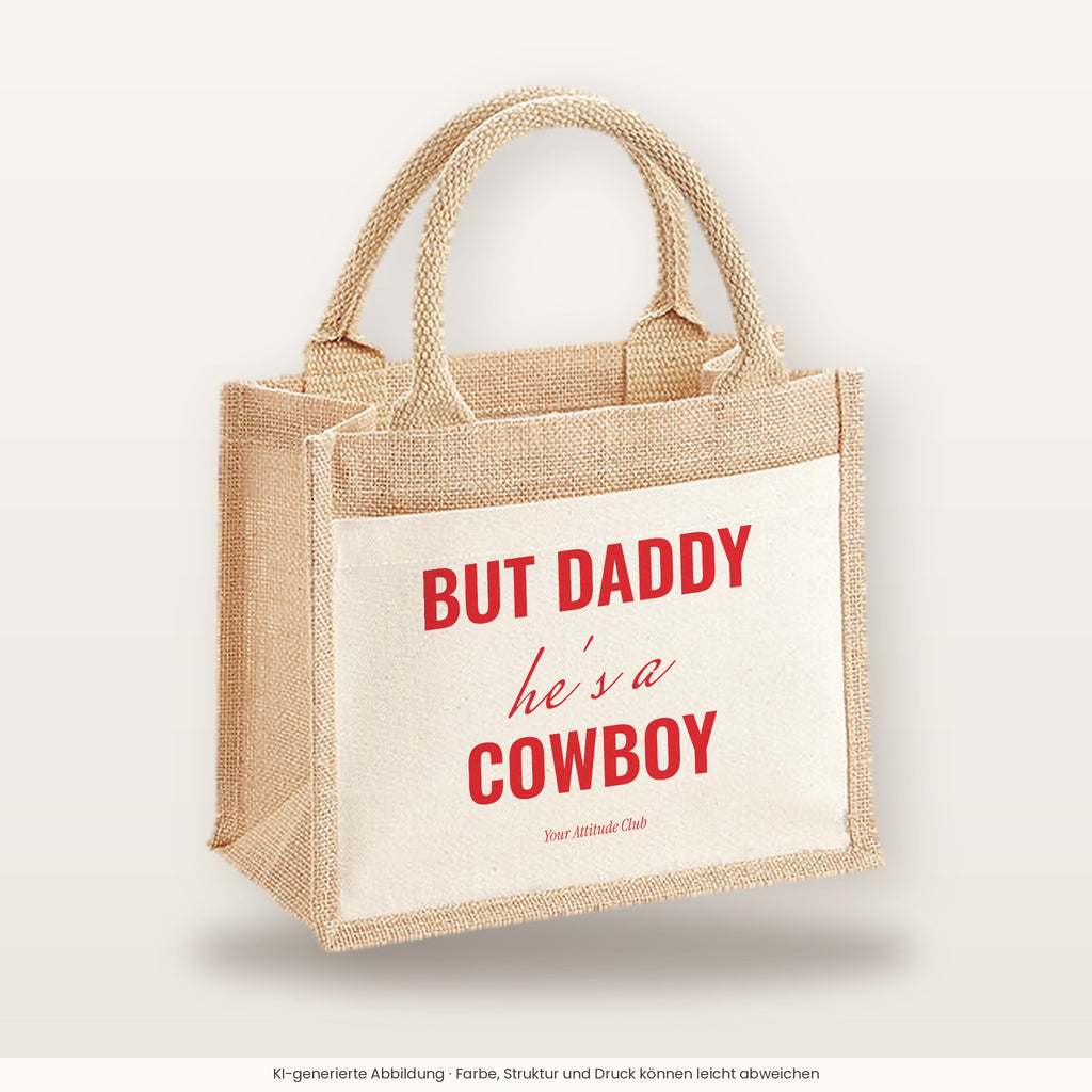 But Daddy he's a cowboy – Jutetasche mit Spruch, kleine Jutetasche 26 × 22 cm