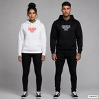 Buying books and reading books are two different hobbies – Hoodie mit Frontprint, Frau in Weiß mit rotem und Mann in Schwarz mit weißem Aufdruck
