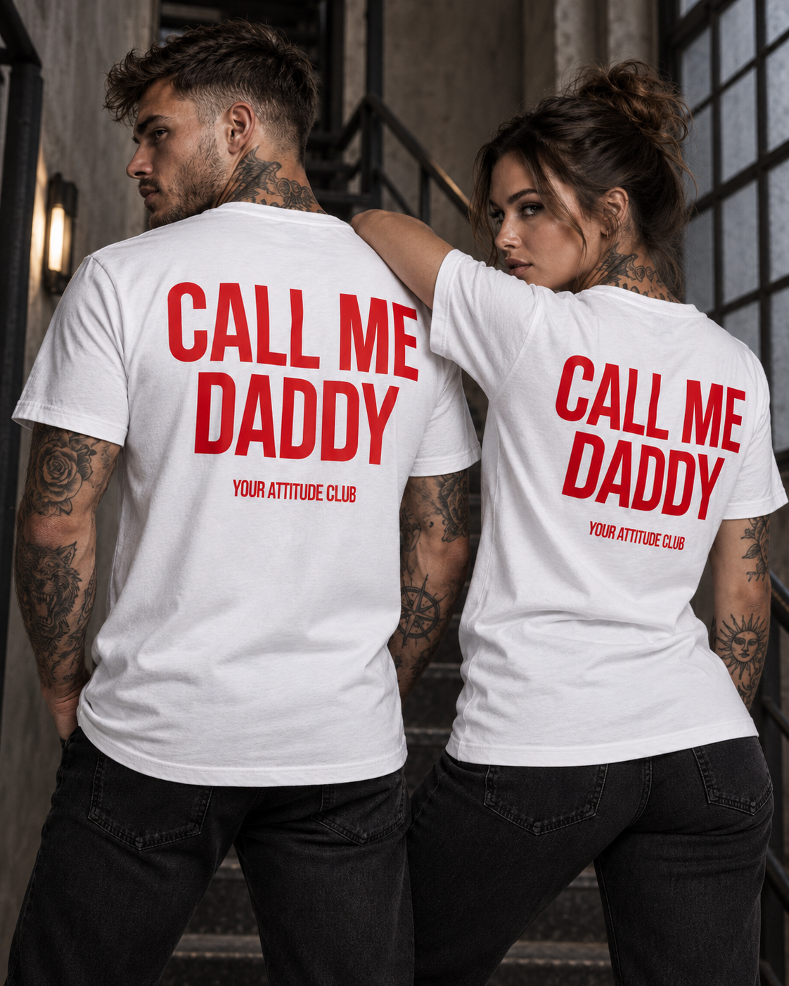 CALL ME DADDY – Unisex Statement T-Shirt Weiß mit rotem Backprint | freches provokantes Sprüche Shirt für Erwachsene