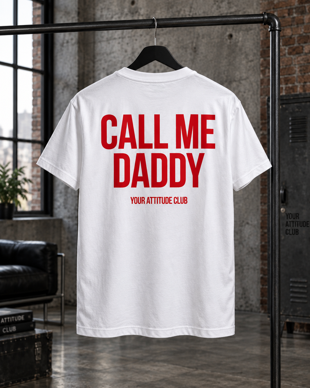 CALL ME DADDY – Unisex Statement T-Shirt Weiß mit rotem Backprint | freches provokantes Sprüche Shirt für Erwachsene