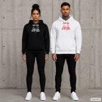 Can You See The Fuck You In My Smile – Hoodie mit Frontprint, Frau in Schwarz und Mann in Weiß vor Betonwand