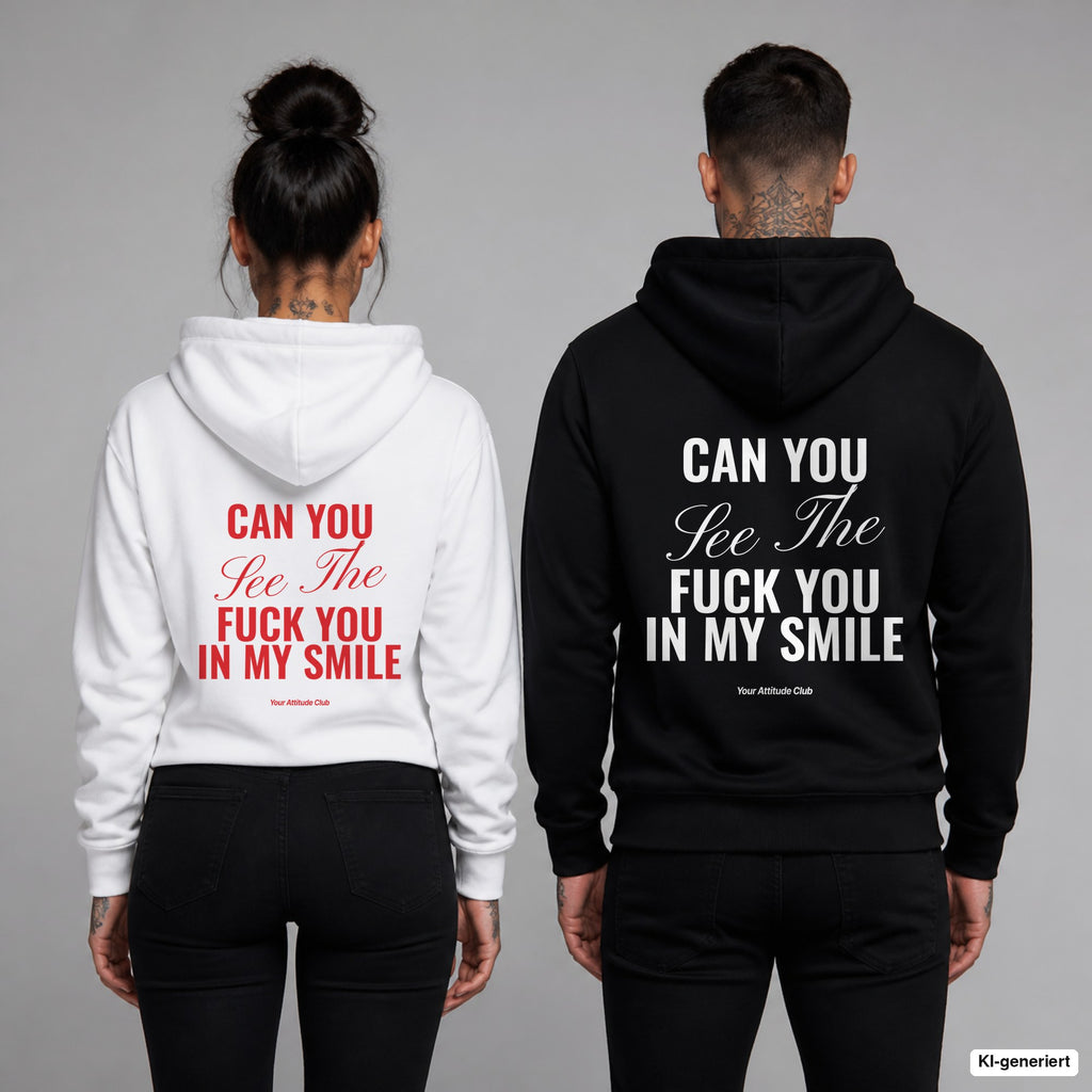 Can You See The Fuck You In My Smile – Hoodie mit Backprint, Frau in Weiß mit rotem und Mann in Schwarz mit weißem Aufdruck