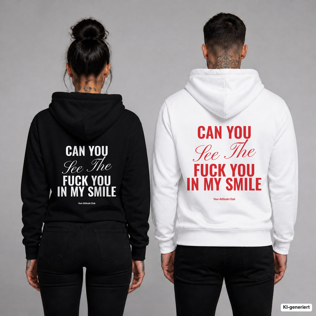 Can You See The Fuck You In My Smile – Hoodie mit Backprint, Frau in Schwarz und Mann in Weiß
