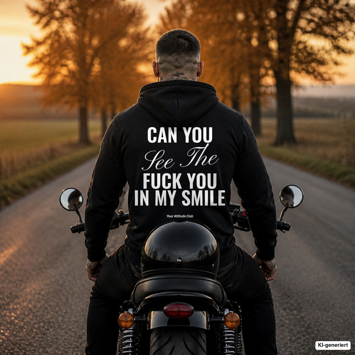 Can You See The Fuck You In My Smile – schwarzer Hoodie mit weißem Backprint, Herren auf dem Motorrad