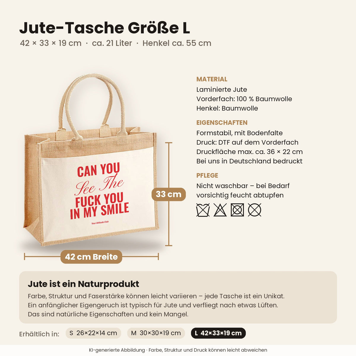Can You See The Fuck You In My Smile – Jutetasche mit Spruch, Maße, Material und Pflege