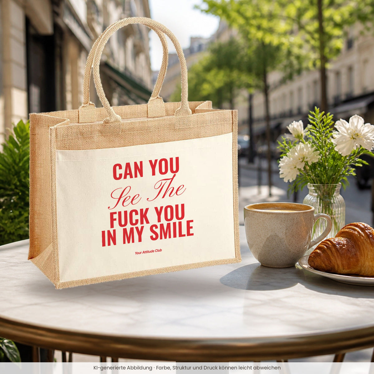 Can You See The Fuck You In My Smile – Jutetasche mit Spruch, im Café