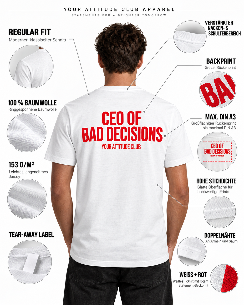 CEO OF BAD DECISIONS – Unisex Statement T-Shirt Weiß mit rotem Backprint | freches sarkastisches Sprüche Shirt für Erwachsene