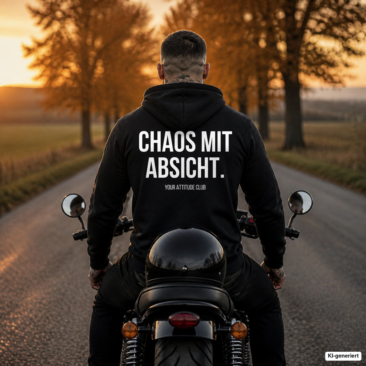CHAOS MIT ABSICHT. – schwarzer Hoodie mit weißem Backprint, Herren auf dem Motorrad