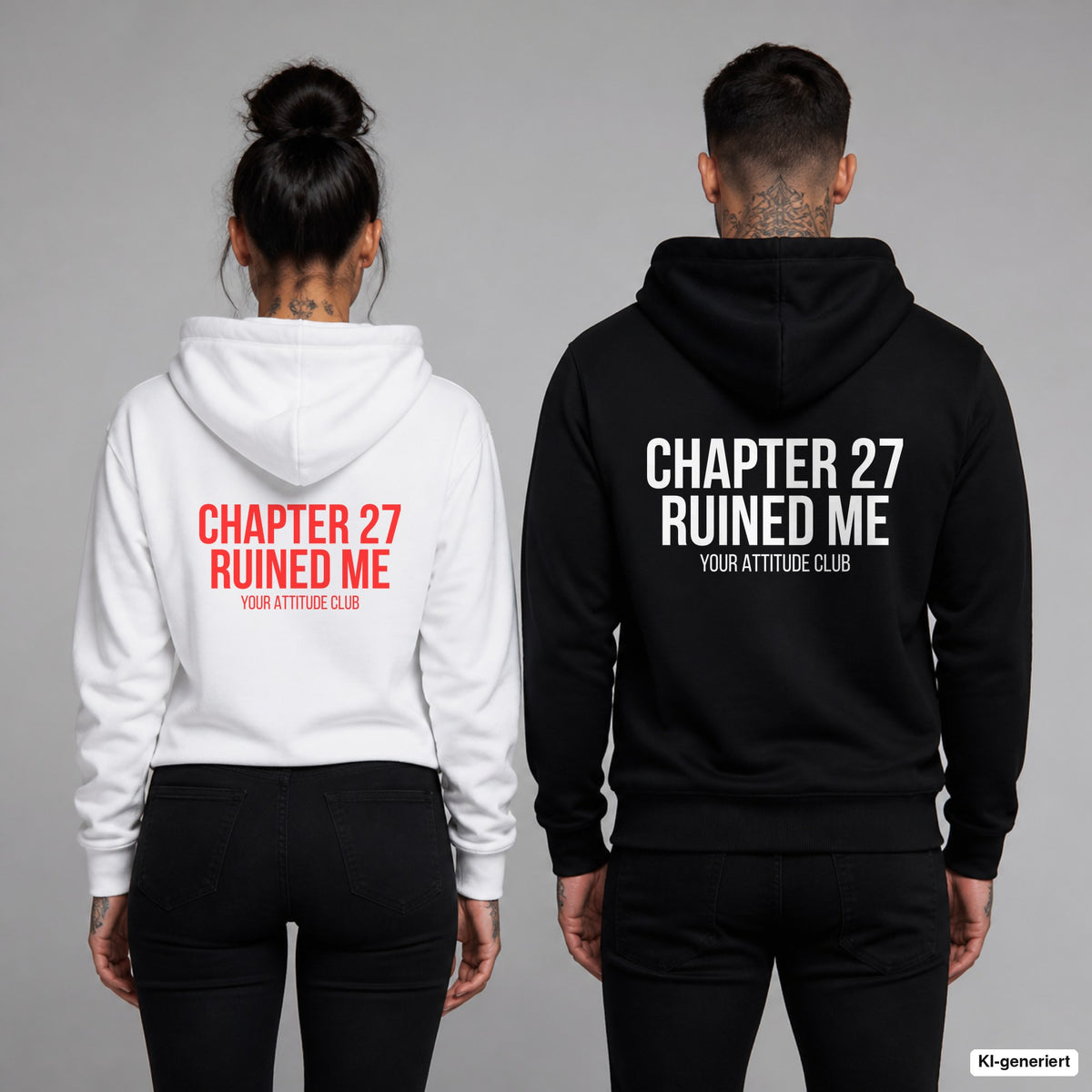 Chapter 27 ruined me – Hoodie mit Backprint, Frau in Weiß mit rotem und Mann in Schwarz mit weißem Aufdruck