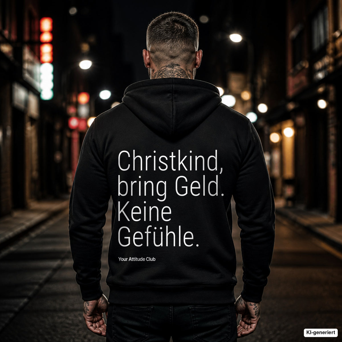 Christkind, bring Geld. Keine Gefühle – schwarzer Hoodie mit weißem Backprint, Herren in der Stadt bei Nacht