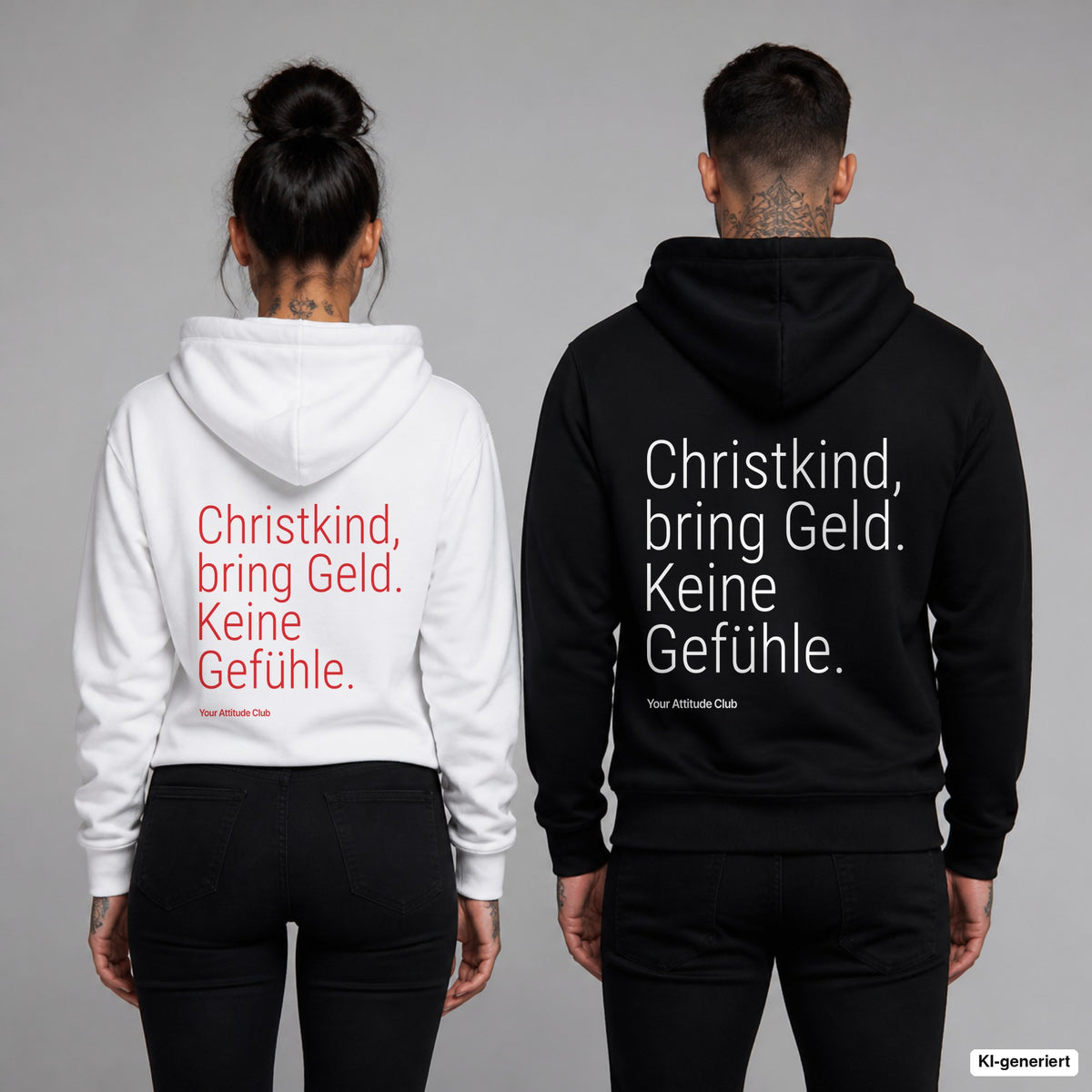 Christkind, bring Geld. Keine Gefühle – Hoodie mit Backprint, Frau in Weiß mit rotem und Mann in Schwarz mit weißem Aufdruck