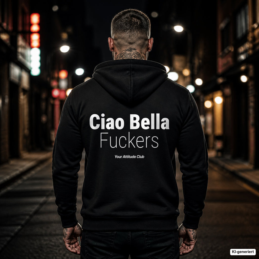 Ciao Bella Fuckers – schwarzer Hoodie mit weißem Backprint, Herren in der Stadt bei Nacht