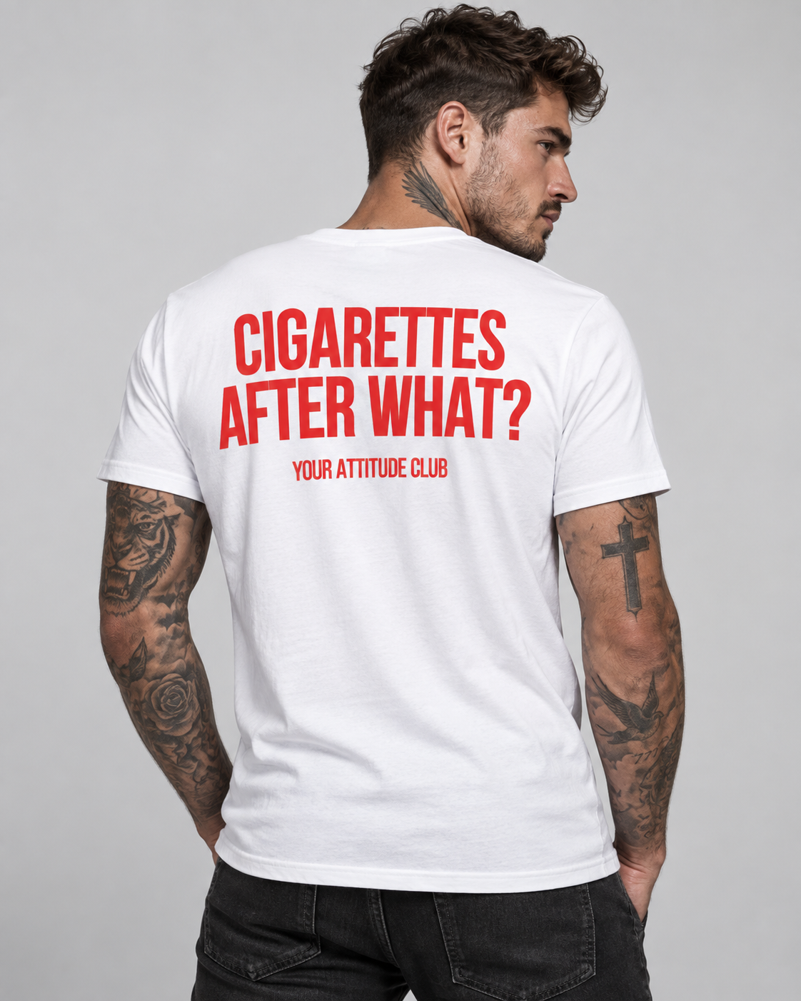 CIGARETTES AFTER WHAT? – Unisex Statement T-Shirt Weiß mit rotem Backprint | freches provokantes Sprüche Shirt für Erwachsene