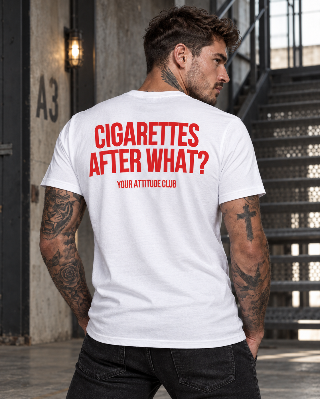 CIGARETTES AFTER WHAT? – Unisex Statement T-Shirt Weiß mit rotem Backprint | freches provokantes Sprüche Shirt für Erwachsene