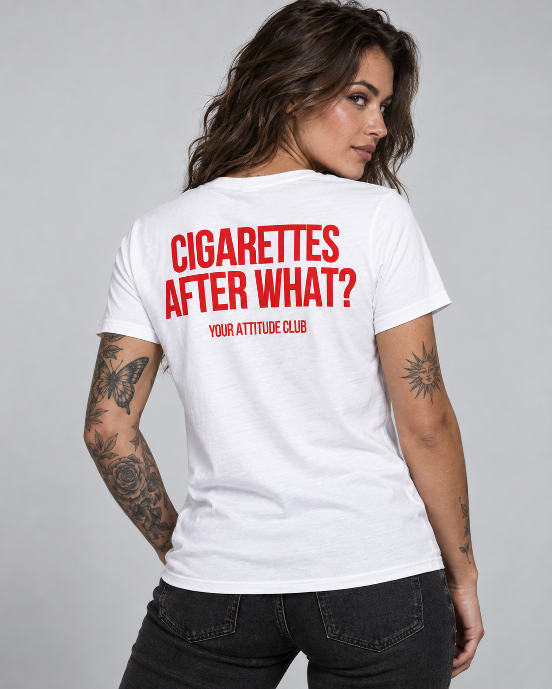 CIGARETTES AFTER WHAT? – Unisex Statement T-Shirt Weiß mit rotem Backprint | freches provokantes Sprüche Shirt für Erwachsene