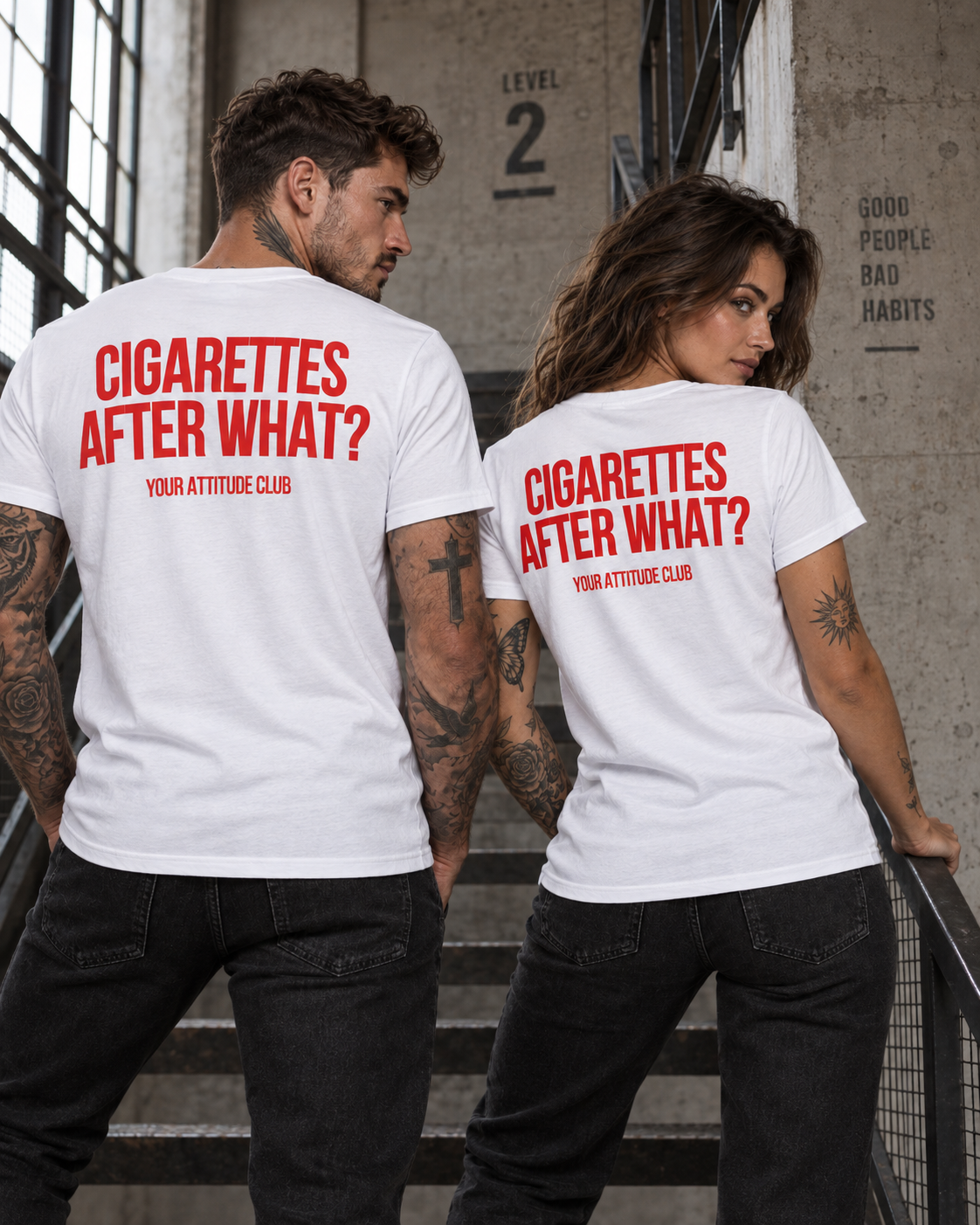 CIGARETTES AFTER WHAT? – Unisex Statement T-Shirt Weiß mit rotem Backprint | freches provokantes Sprüche Shirt für Erwachsene