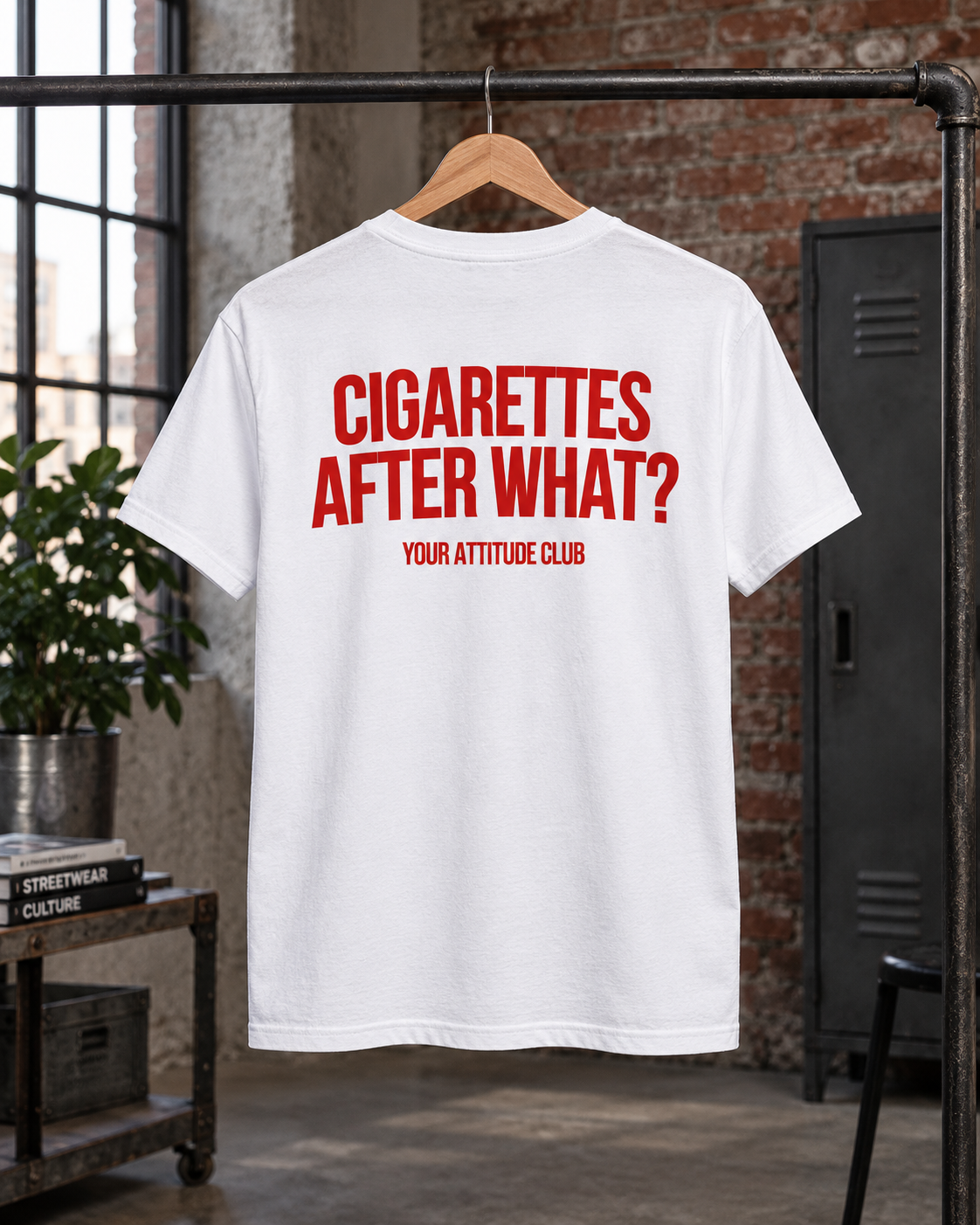 CIGARETTES AFTER WHAT? – Unisex Statement T-Shirt Weiß mit rotem Backprint | freches provokantes Sprüche Shirt für Erwachsene