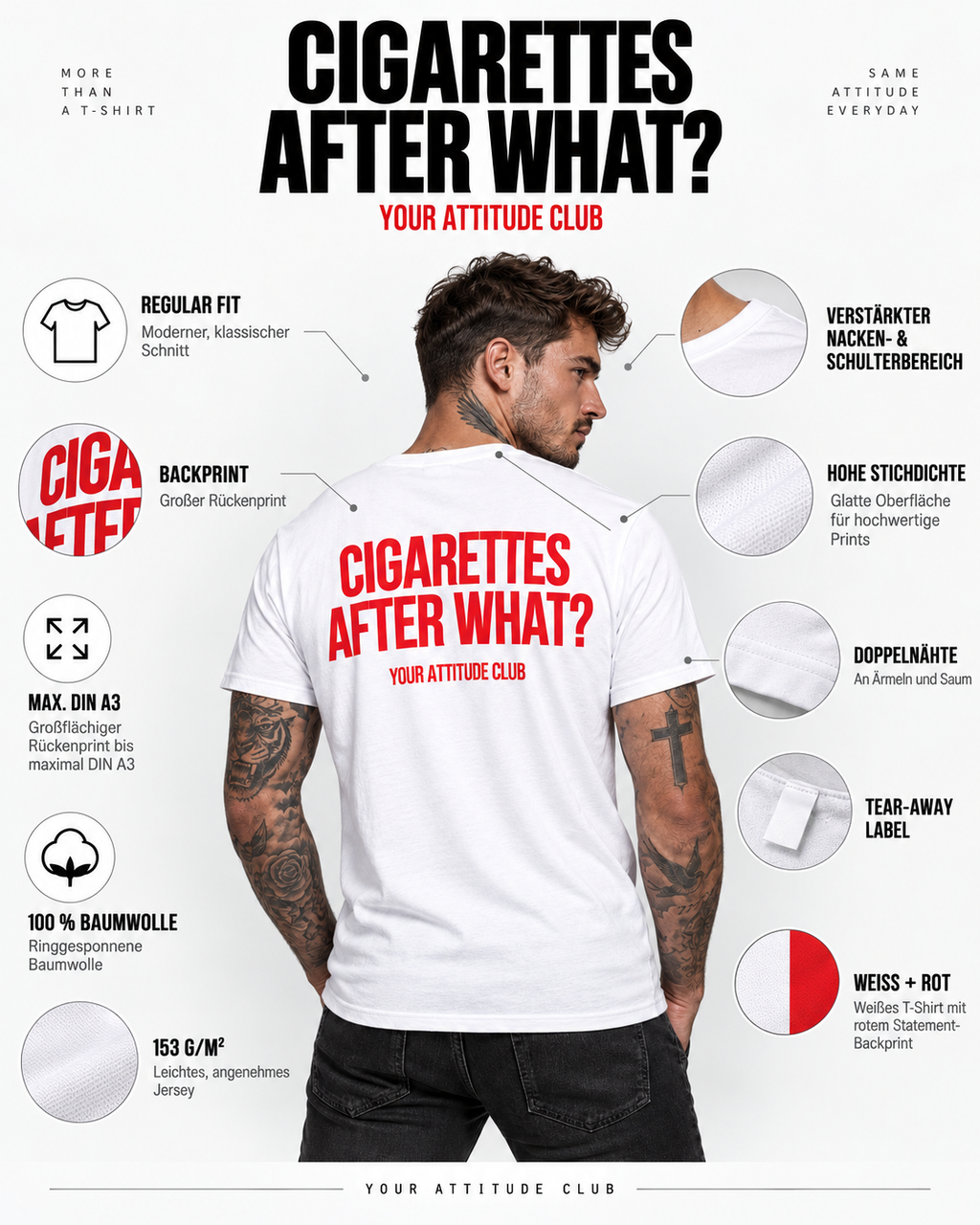 CIGARETTES AFTER WHAT? – Unisex Statement T-Shirt Weiß mit rotem Backprint | freches provokantes Sprüche Shirt für Erwachsene