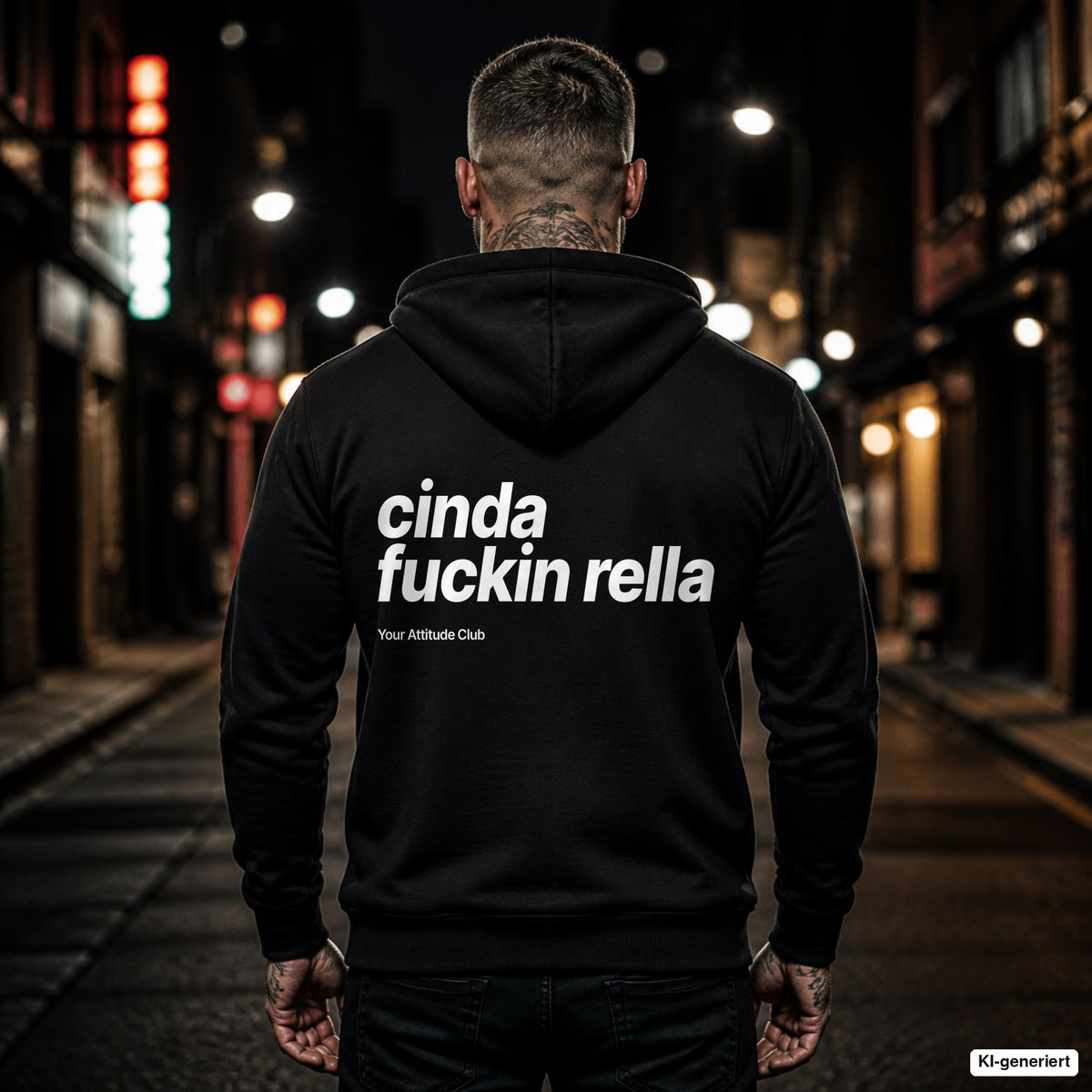 Cinda Fuckin Rella – schwarzer Hoodie mit weißem Backprint, Herren in der Stadt bei Nacht