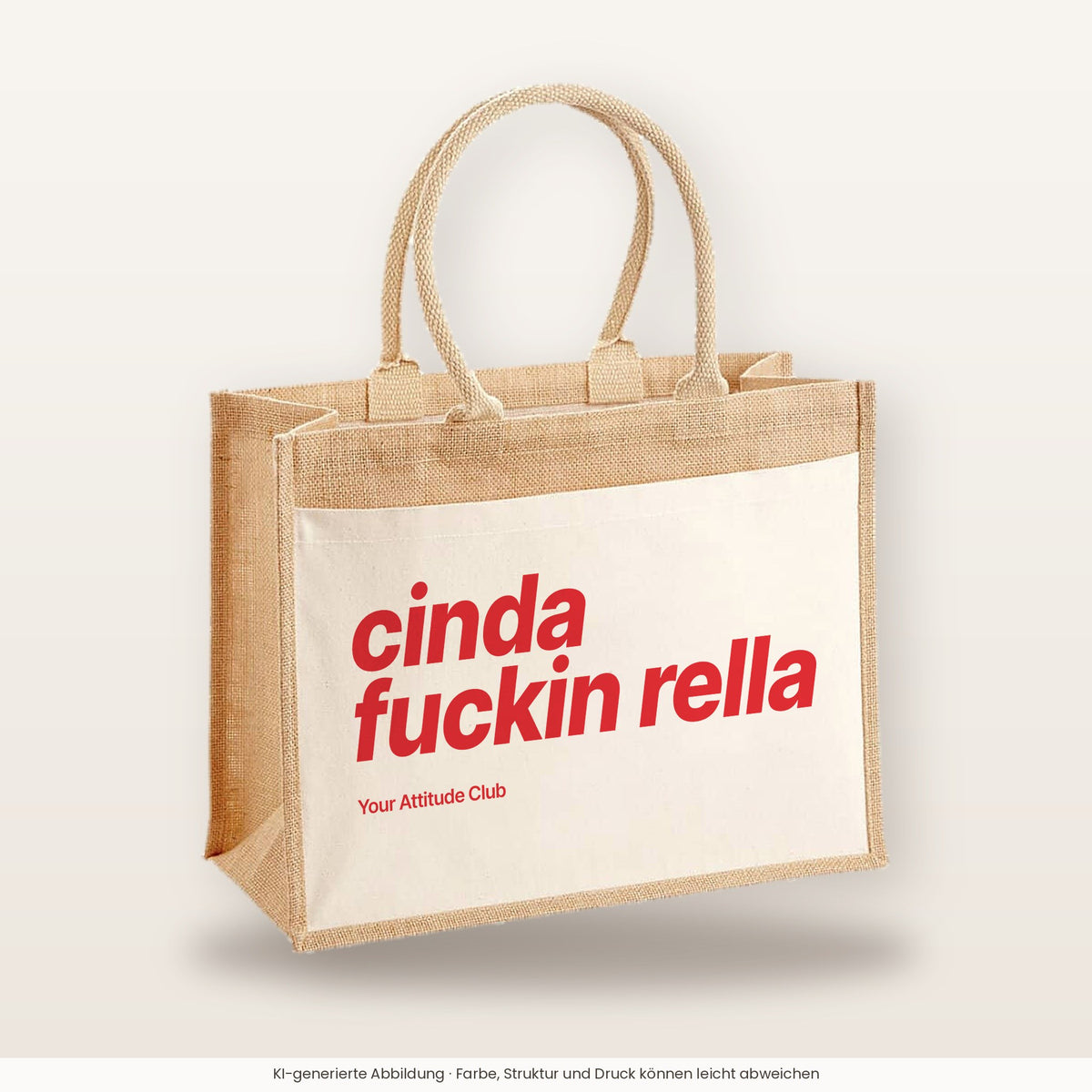 Cinda Fuckin Rella – Jutetasche mit Spruch, große Jutetasche, Produktansicht