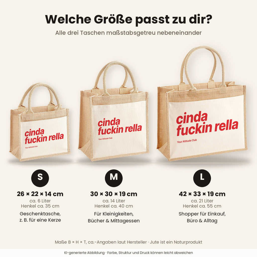 Cinda Fuckin Rella – Jutetasche mit Spruch, Größenvergleich klein, mittel, groß