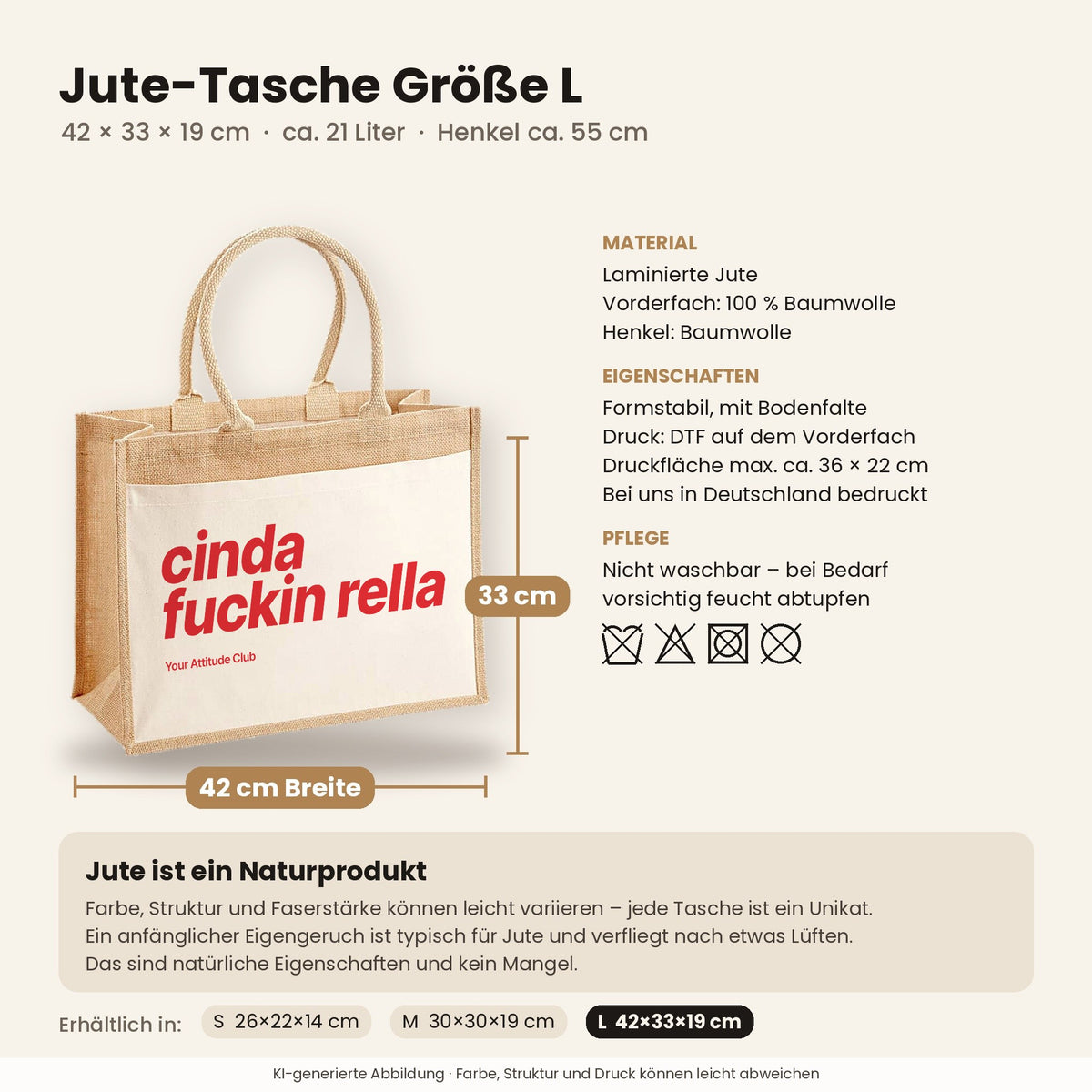 Cinda Fuckin Rella – Jutetasche mit Spruch, Maße, Material und Pflege