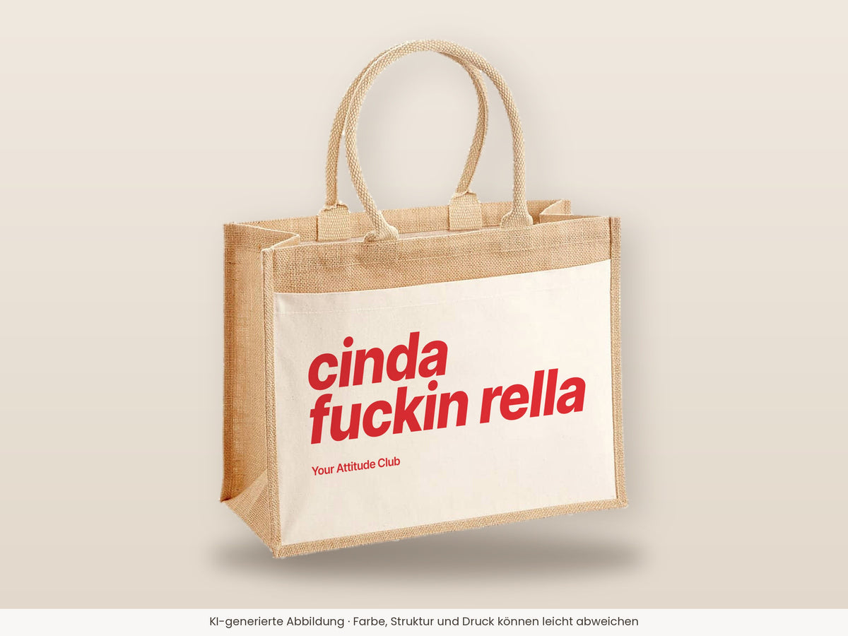 Cinda Fuckin Rella – Jutetasche mit Spruch, große Jutetasche, Detailansicht