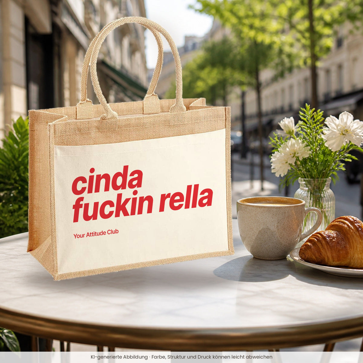 Cinda Fuckin Rella – Jutetasche mit Spruch, im Café
