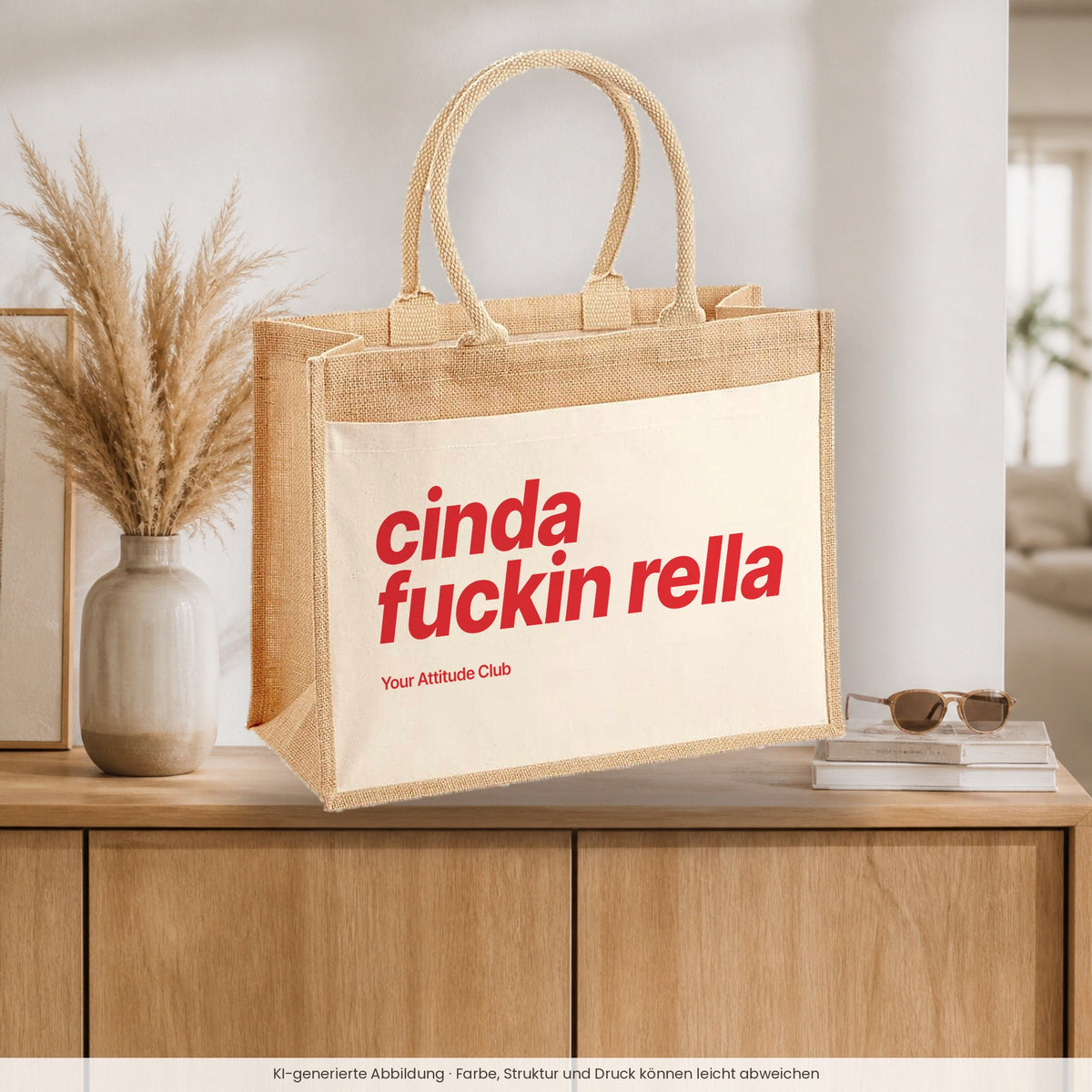 Cinda Fuckin Rella – Jutetasche mit Spruch, auf dem Sideboard im Flur