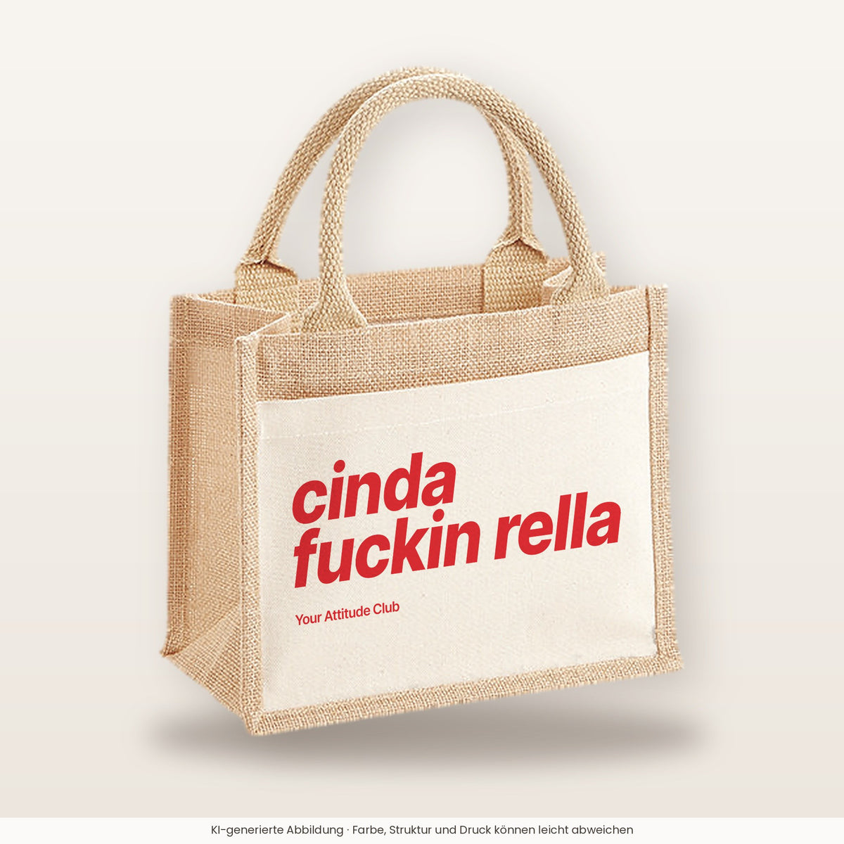 Cinda Fuckin Rella – Jutetasche mit Spruch, kleine Jutetasche 26 × 22 cm